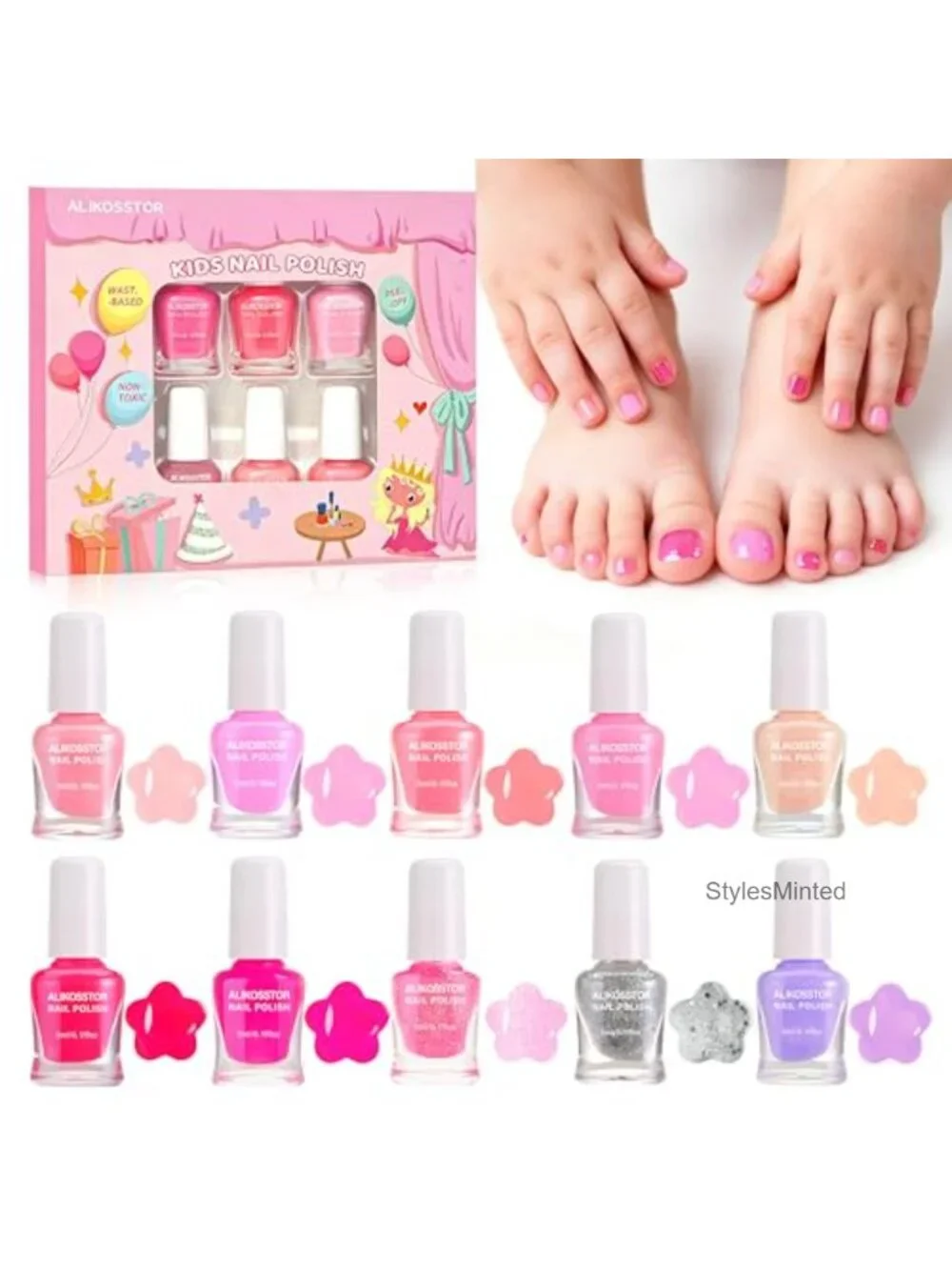 Kids Water-Based Nail Polish Set, Quick Dry Non-Toxic, 10 Pieces